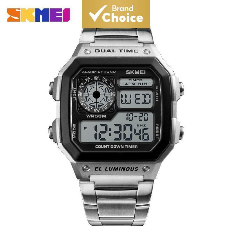 Skmei 1335 Relógio Digital Esportivo Prateado Masculino , Aço Inoxidável , 50m , À Prova D'água , Cronômetro De Tempo Du