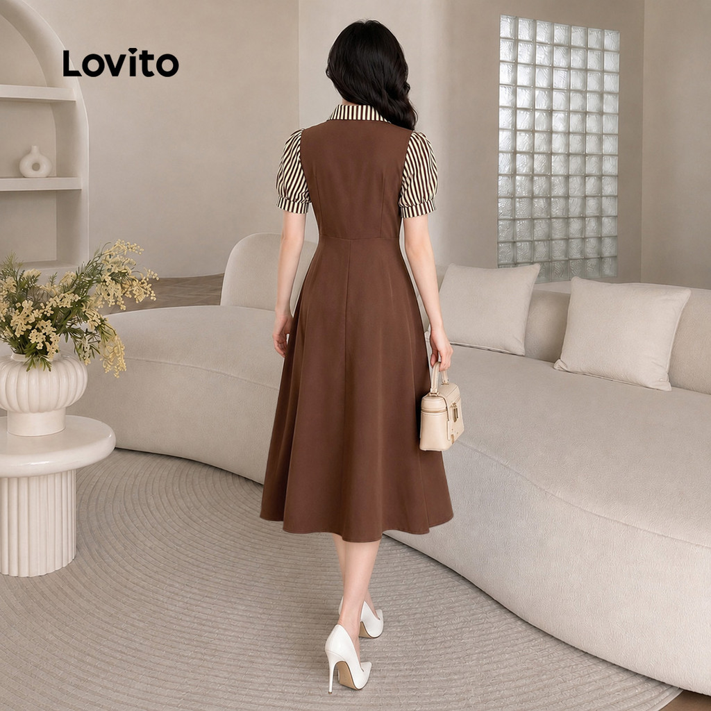 (New Arrival) Lovito Vestido Elegante Castanho Feminino Às Riscas Às Riscas Falso 2 Em 1 De Abotoamento Duplo Comprido De Corte Evasê Para a Primavera E O Verão Para Trabalho DRB204P1D821 — imagem 2 de 2