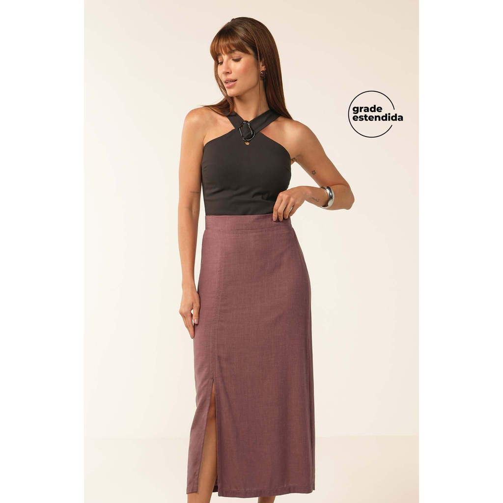 Saia Feminina Midi Fenda Lateral Marialícia Marrom