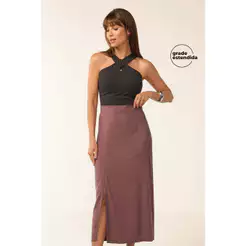 Saia Feminina Midi Fenda Lateral Marialícia Marrom