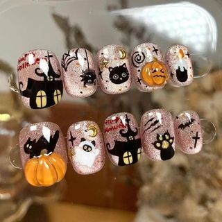 Halloween vestindo unhas outono inverno pintados à mão curto diabo halloween abóbora bonito Manicure gato engraçado