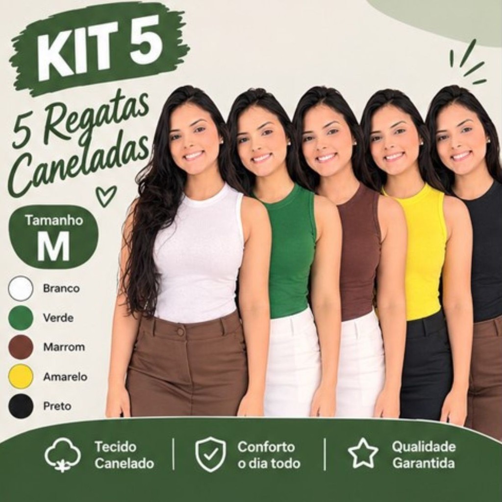 Kit 5 Blusas Caneladas Gola Redonda Regata Casual