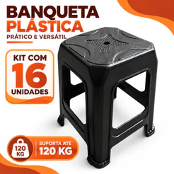 Kit 16 Banquetas Plásticas Reforçadas Pretas Até 120kg para Eventos Igrejas Bares e Empresas
