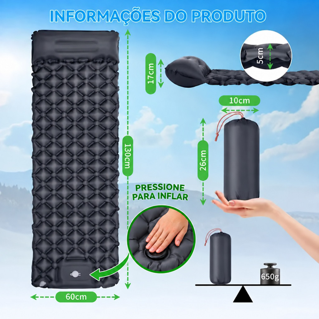 Colchão Automático Inflável Portátil Com Travesseiro Acampamento Camping Viagem Impermeável
