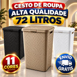 Cesto Roupa Suja 72L Grande com Tampa Organizador Lavanderia Banheiro Quarto Plástico Resistente Multiuso