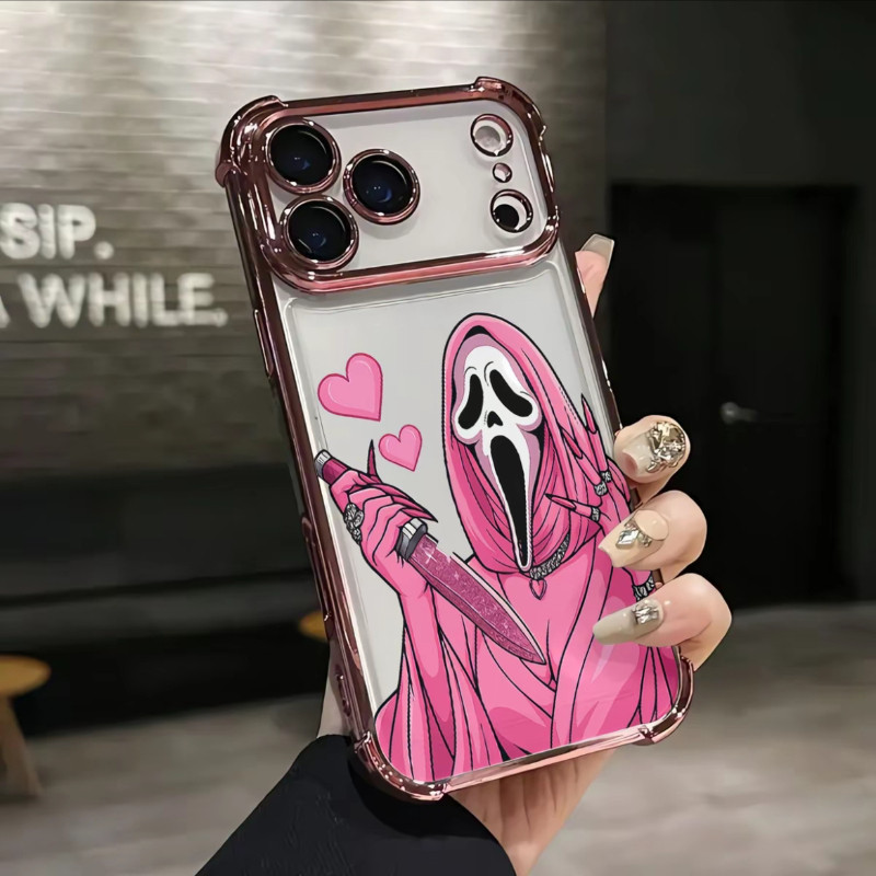 Capinha para iPhone 17/16/15/14/13/12 Pro Max Normal Capa celular Grito rosa máscara borda metalizada cantos reforçados
