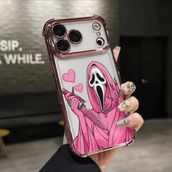 Capinha para iPhone 17/16/15/14/13/12 Pro Max Normal Capa celular Grito rosa máscara borda metalizada cantos reforçados