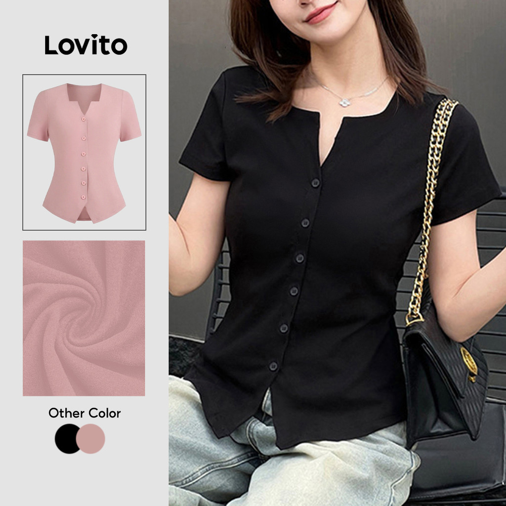 Lovito Elegante Camiseta Preta Com Botão Liso Dividido Na Frente Primavera/Verão Para Mulheres L135A2D216