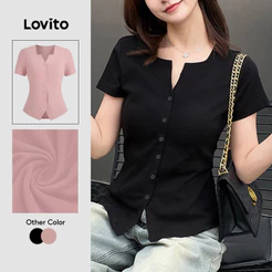 Lovito Elegante Camiseta Preta Com Botão Liso Dividido Na Frente Primavera/Verão Para Mulheres L135A2D216
