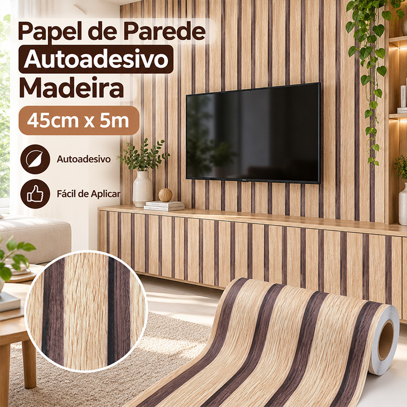 Papel de Parede Ripado Autoadesivo Madeirado Marrom Claro Escuro Decoração Sala Quarto Hall Cozinha