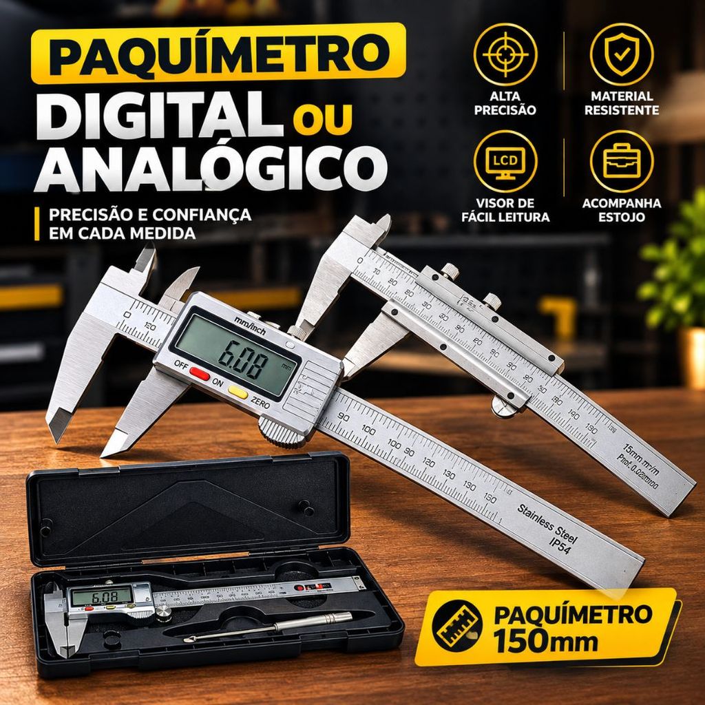 Paquímetro Digital e Analógico 150mm 6" Aço Inox Profissional Alta Precisão Vernier Oficina Mecânica