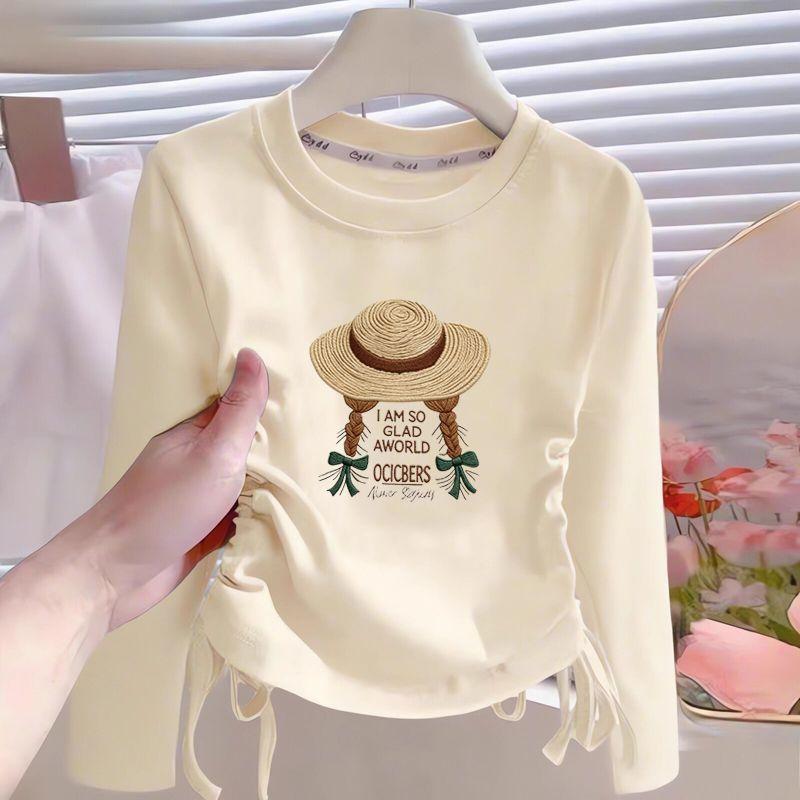 Meninas dos desenhos animados puro algodão camiseta de manga comprida primavera outono estilo ocidental grandes crianças