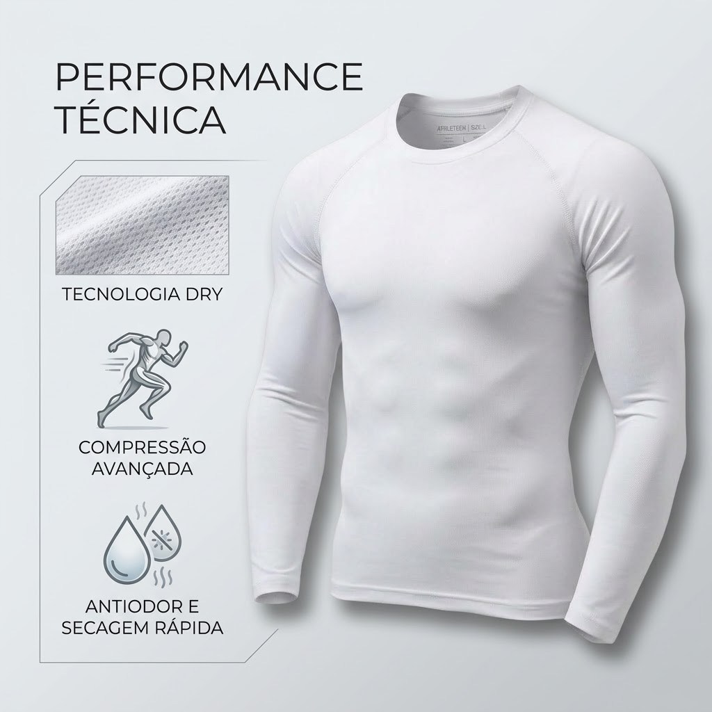 Camiseta Masculina Manga Longa Dry Fit Branca Básica Academia Treino Corrida Proteção UV