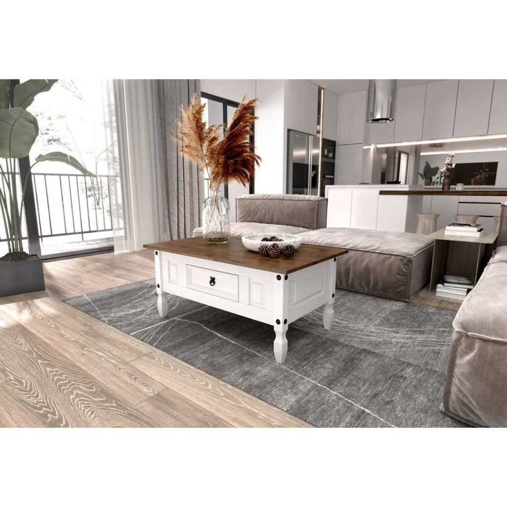 Mesa de Centro Retangular com 1 Gaveta em Madeira Maciça Branco Branco/Nogal