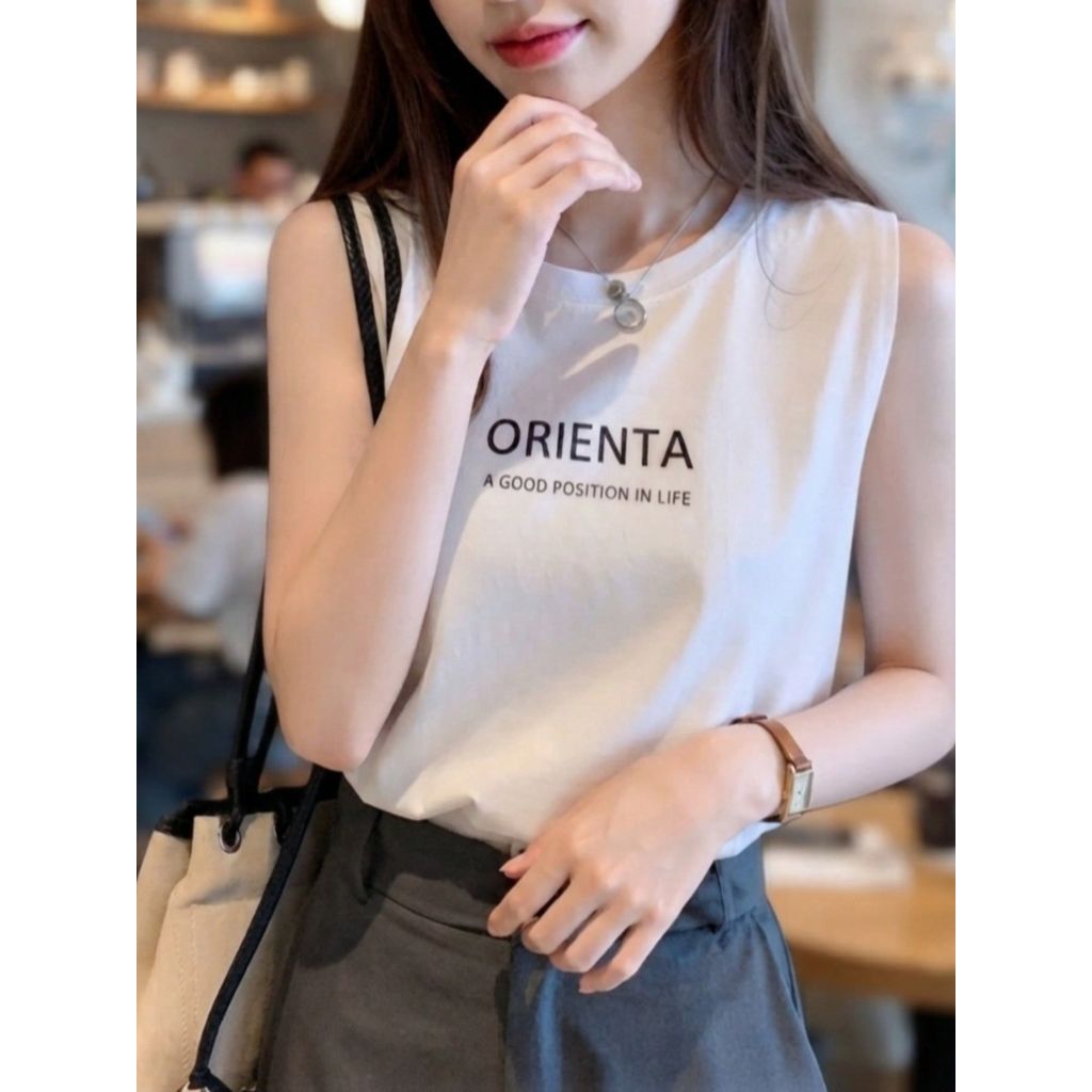 Camiseta Regata Feminina Branca Frase Orienta Blusa Sem Mangas de Verão Lançamento 100% Algodão