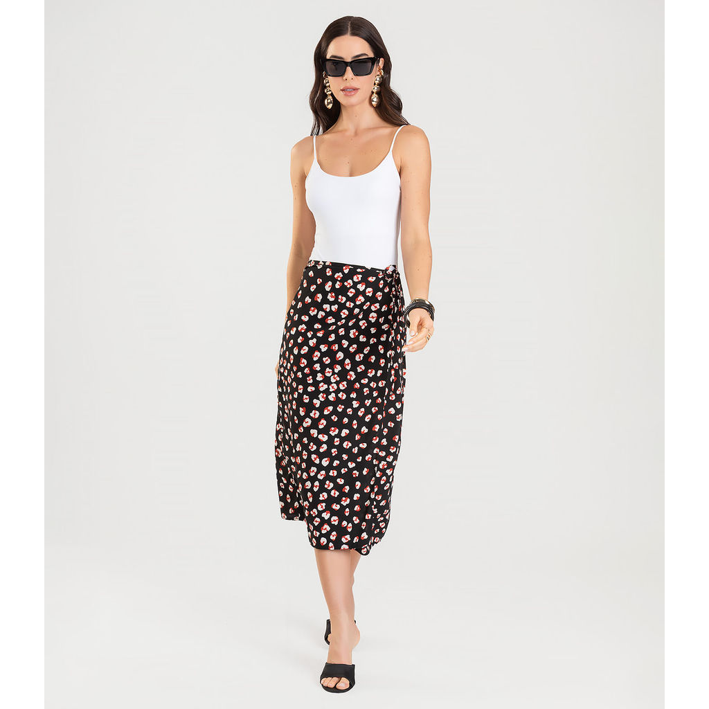 Saia Midi Transpassada Estampada Dianna Preto