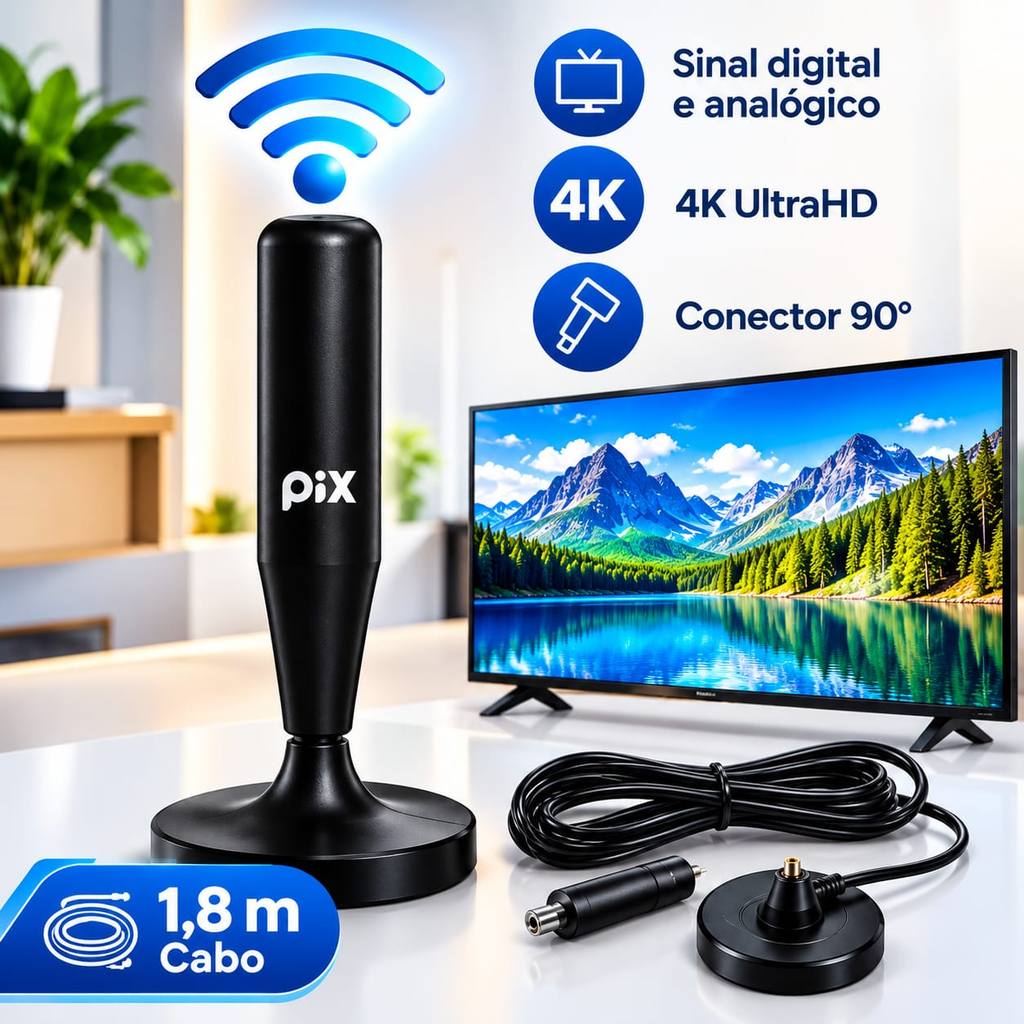 Antena Digital Amplificada 4K Ultra HD Para Tv Interna | Cabo 1,8m / 5m