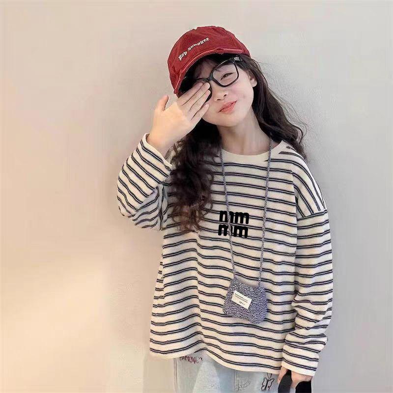 Crianças Casual puro algodão costura listrado manga comprida camiseta primavera outono meninas médio grande crianças All