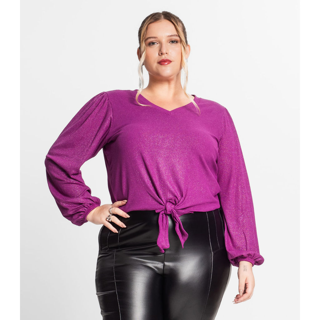 Blusa Manga Longa Em Ribana Canelada Secret Glam Roxo