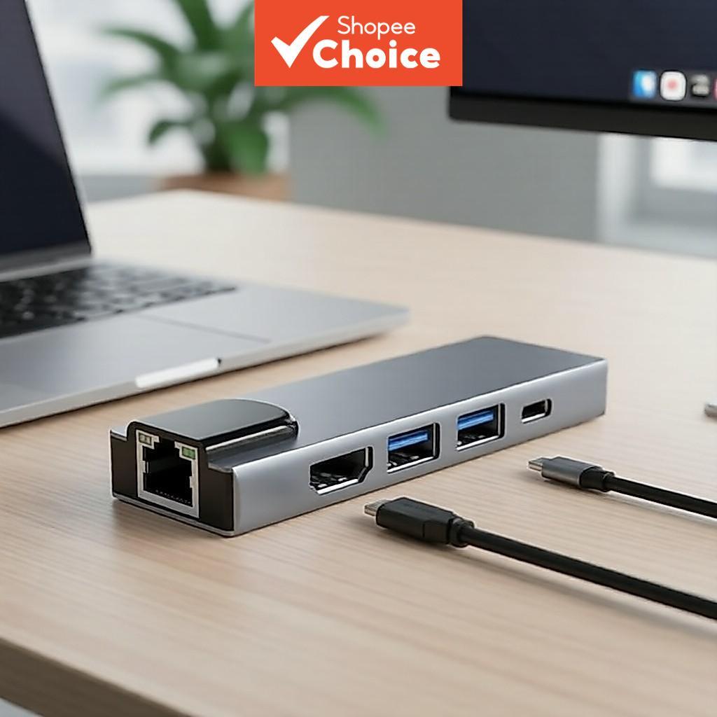 Adaptador Hub USB-C 5 em 1 com HDMI 4K e Ethernet Gigabit, 3 portas USB 3.0, para MacBook Pro, iPad Pro, XPS, Pixelbook