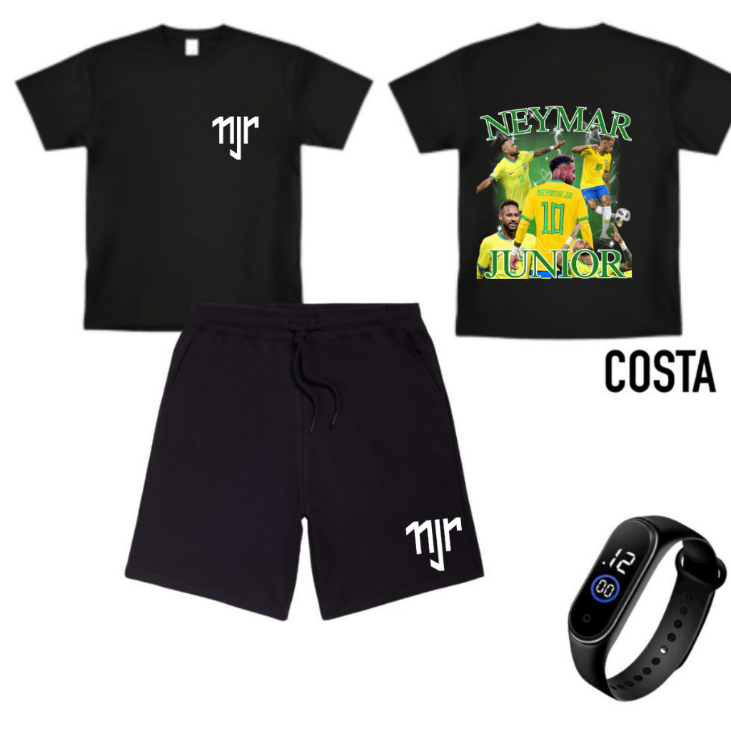 Conjunto Bermuda  Neymar Jr. Kit Infantil 2 peças 1 Camiseta e 1 Short Moletinho Do Neymar 100% Algodão +Relógio