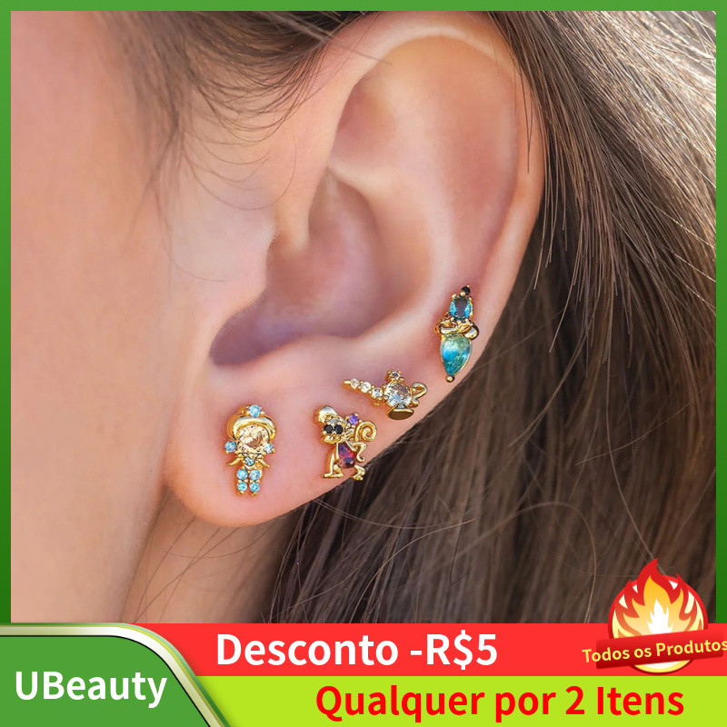 4 pares de brincos de princesa de conto de fadas, brincos coloridos com zircões para meninas.