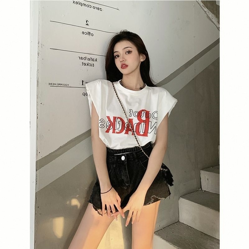 Algodão estilo Hong Kong feminino estilo coreano carta impressa ombro genuíno sem mangas camiseta verão solto moda doce 