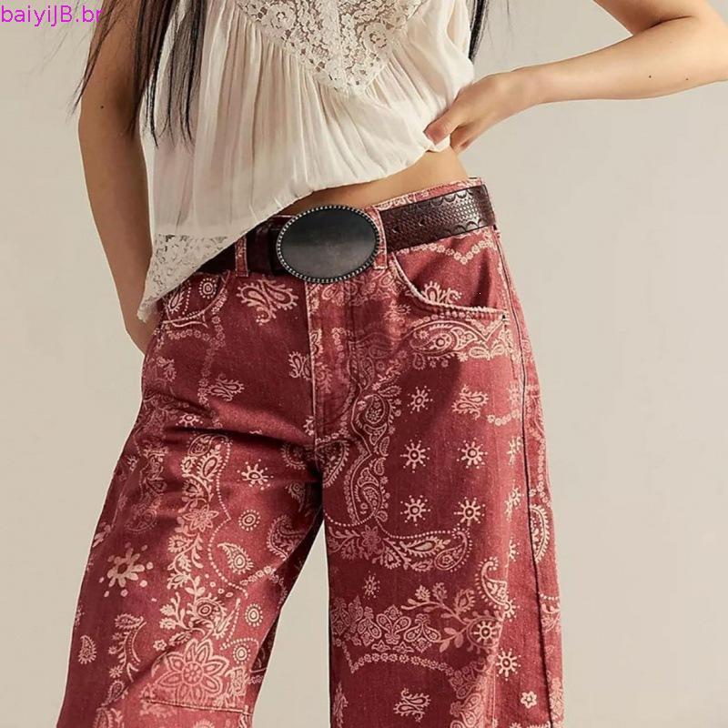 Calças Jeans Femininas de Perna Larga com Estampa Floral Solta, Novo Estilo Primavera Outono, Comprimento 7/8, Cintura M