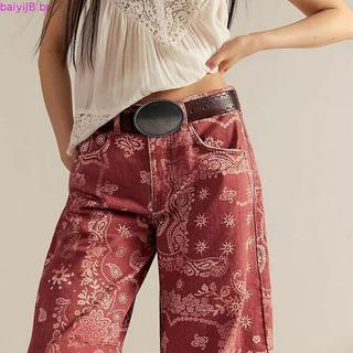 Calças Jeans Femininas de Perna Larga com Estampa Floral Solta, Novo Estilo Primavera Outono, Comprimento 7/8, Cintura M