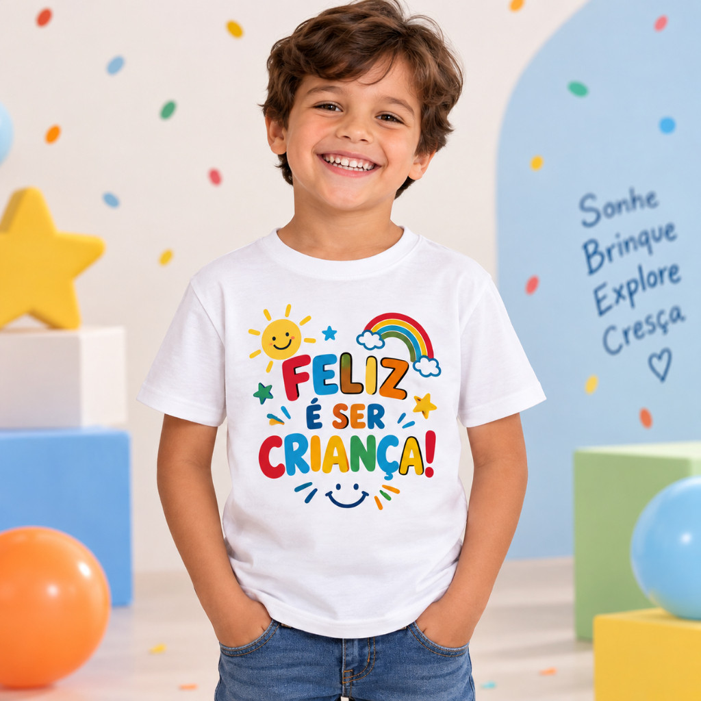 Camiseta Criança Infantil Algodão Dia das Crianças Feliz é Ser Criança Estampada Unissex