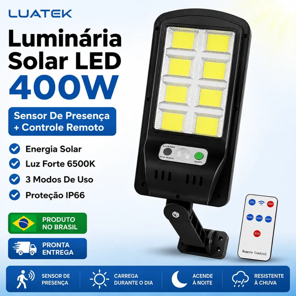 Refletor Solar LED Luatek LKY-0035 400W Com Sensor de Presença Controle Remoto IP66 Luz Fria 6500K — imagem 2 de 2
