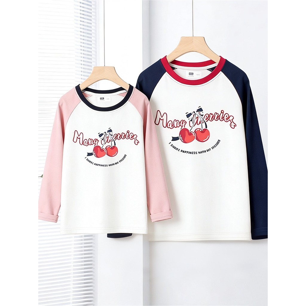 Crianças crianças roupas meninas contraste cor manga Raglan camiseta de manga comprida primavera outono crianças cereja 