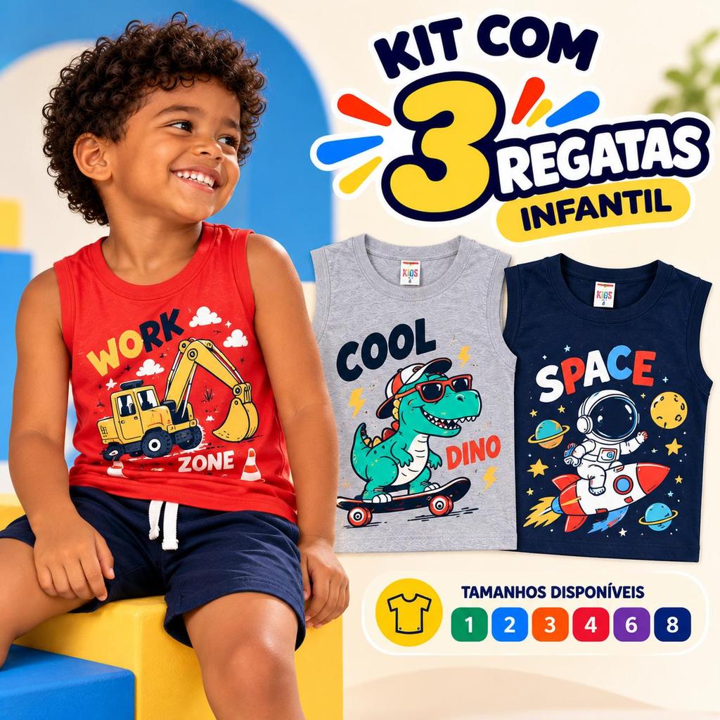 Kit 3 Regatas Infantil Menino 100% Algodão Verão Estampas Sortidas Leves Confortáveis Tamanhos 1 a 8