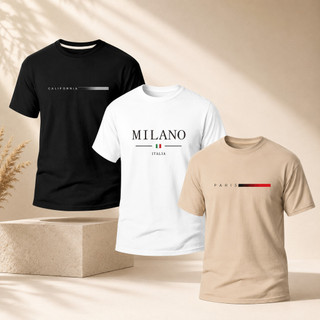 Kit 3 Camiseta Camisa Masculina Paris Milano Style Minimalista 100% Algodão Lançamento Pr…