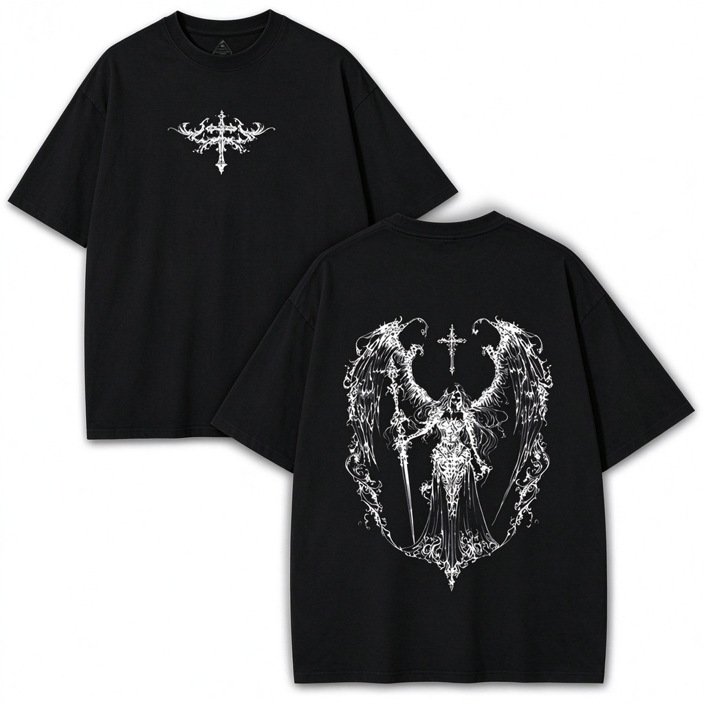Camiseta Unissex Premium De Algodão Estilo Gótico Preta Com Estampa Anjo Guerreiro Cruz Para Uso Casual Passeio Diário