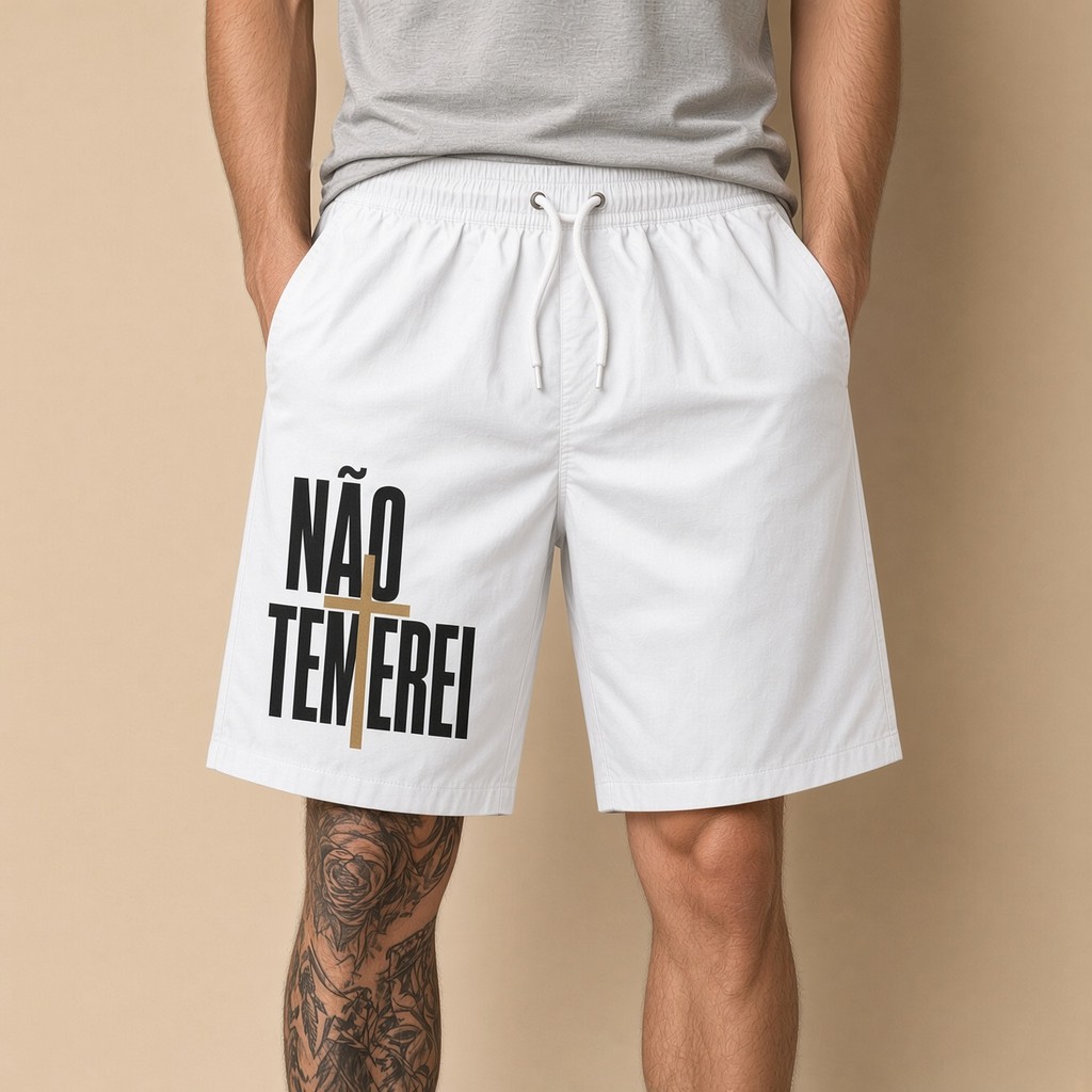 Short Moda Praia Masculino Bermuda Verão Tec Tell Não Temerei Cruz Cristão Academia Treino Corrida Musculacao Fit