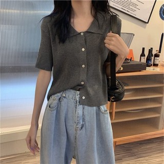 Curto gola POLO de seda gelo malha Cardigan topo feminino 2026 verão novo estilo versão coreana solto mais magro olhar m