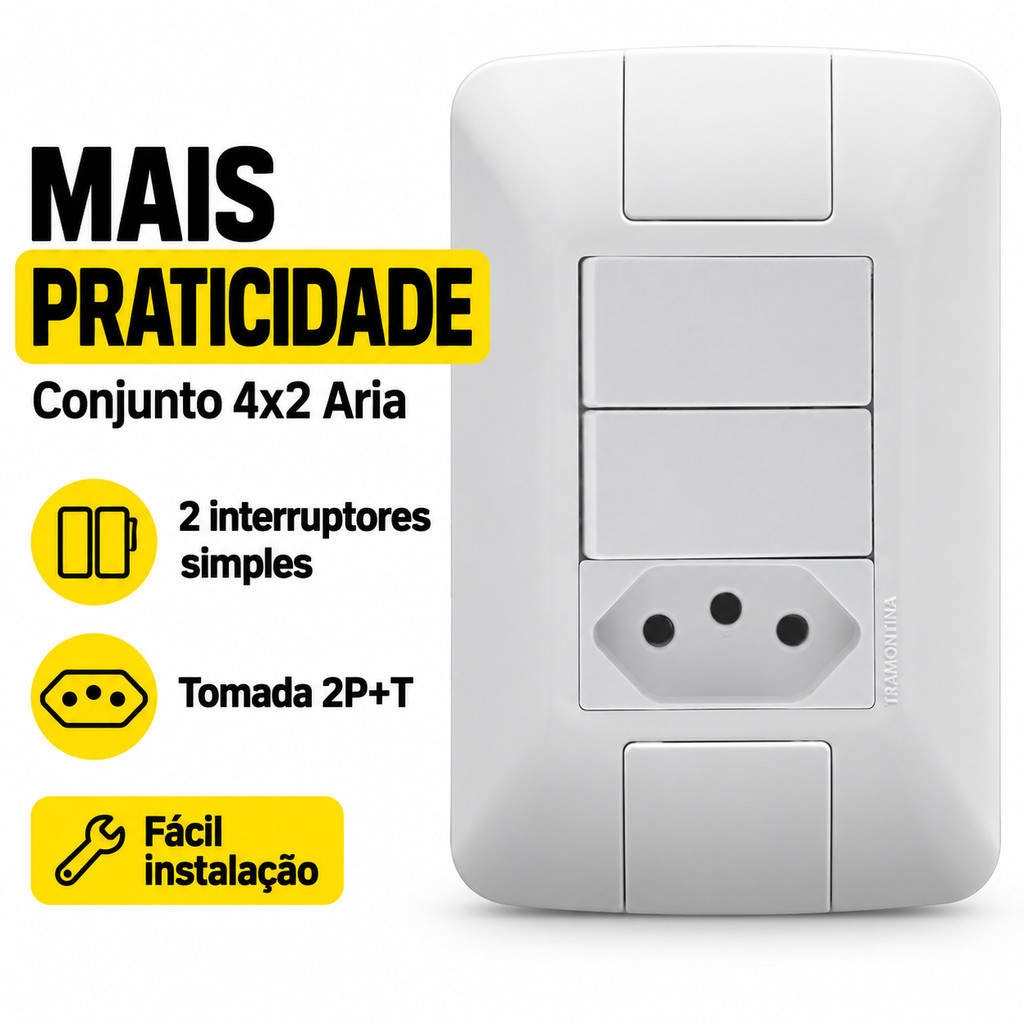 Interruptor Aria 2 Simples + Tomada 10a Com Placa Tramontina Conjunto Completo — imagem 2 de 2