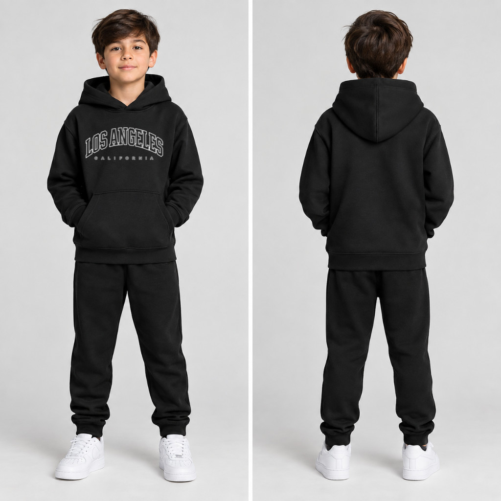 Conjunto Moletom Infantil Estampado Los Angeles Masculino e Feminino Algodão Peluciado Blusa Com Capuz
