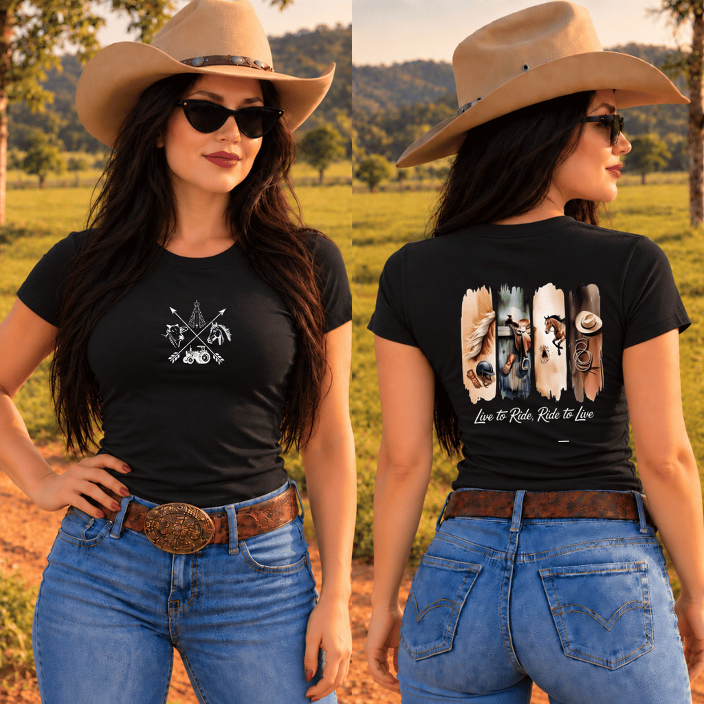 Camiseta Babylook T-Shirt 100% algodão estampada moda Country Rodeio  Boiadeira Sertaneja country live to ride to live