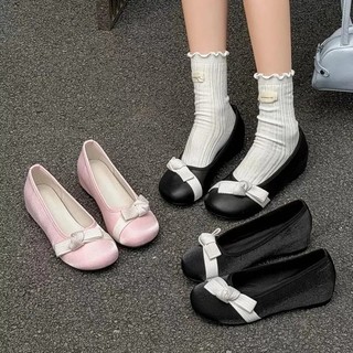 Sapatilhas de Ballet com Laço Estilo Coreano para Mulheres, Coleção Outono 2026, Bico Redondo, Cetim, Decote Raso, Elega