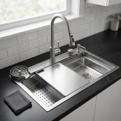 Cuba Premium 75x45 Pia de Cozinha Gourmet Inox 304 Com Torneira Cascata e Lavador de Copos