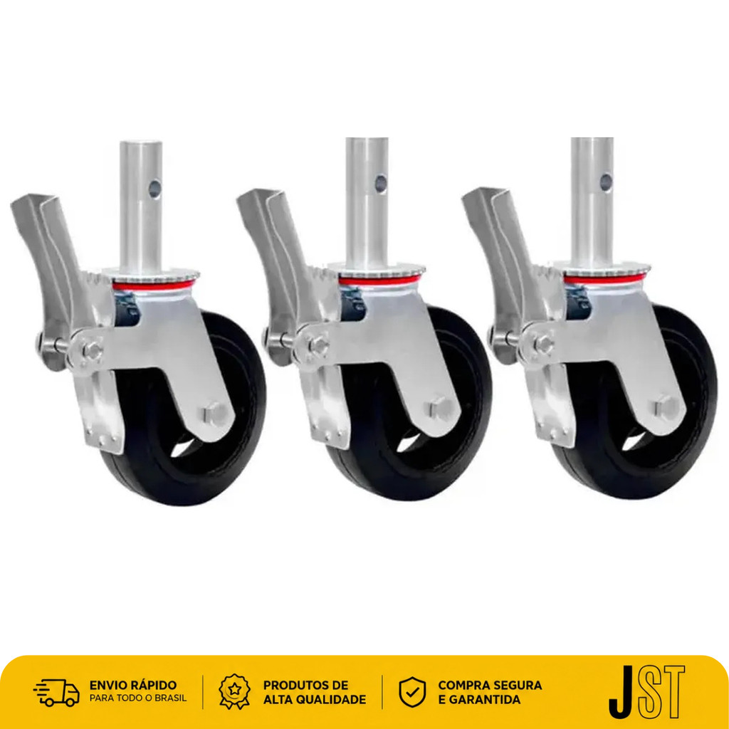 Kit 3 Rodízios Para Andaime Com Freio 6x2 150mm JST 300kg Espiga Maciça