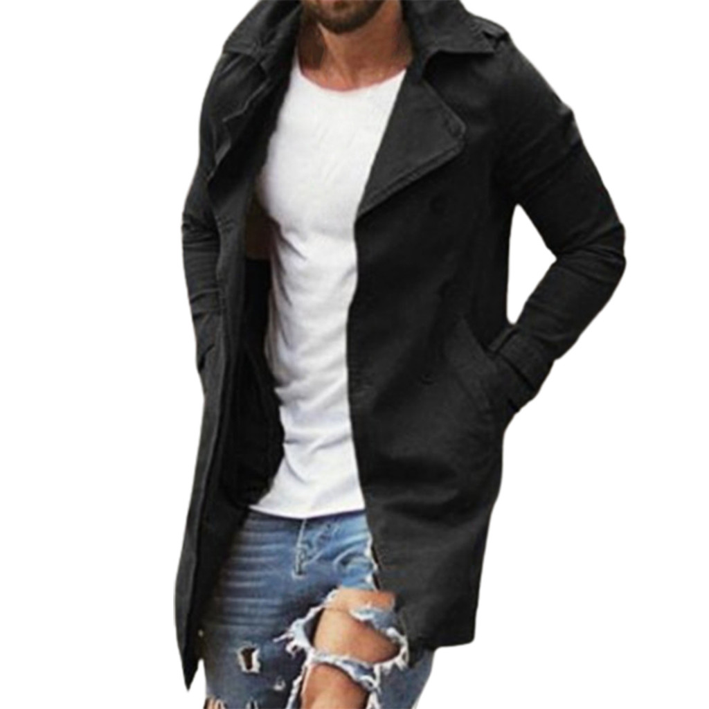 Casaco Masculino Bolsos Oversize Cor Sólida Trench Coat