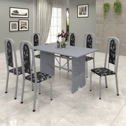 Conjunto de Mesa 140x75cm Tampo Granito com 6 Cadeiras Lavínea Cinza/Martelado Pérola/Ocre/Preto Floral Martelado