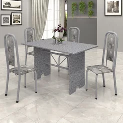 Conjunto de Mesa 120x75cm Tampo Granito com 4 Cadeiras Lavínea Cinza/Martelado Pérola/Ocre/Paraopeba Martelado