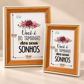 Kit 2 Porta-Retratos Decorativos Madeira Dourado 10x15 e 15x20 cm para Fotos e Decoração com vidro