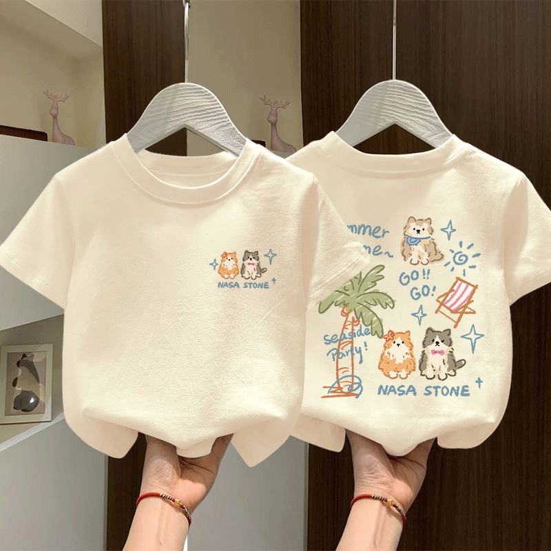 Estilo bonito dos desenhos animados filhote de cachorro impresso puro algodão manga curta camiseta crianças em torno do 
