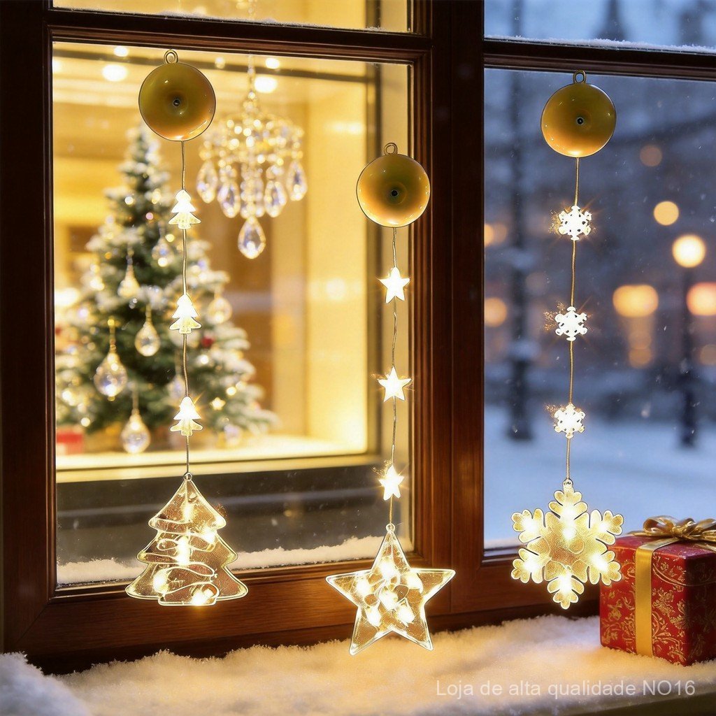Luz de cortina com ventosa LED para o Natal – Luminária decorativa suspensa com estrelas, luas, sinos e renas para janel