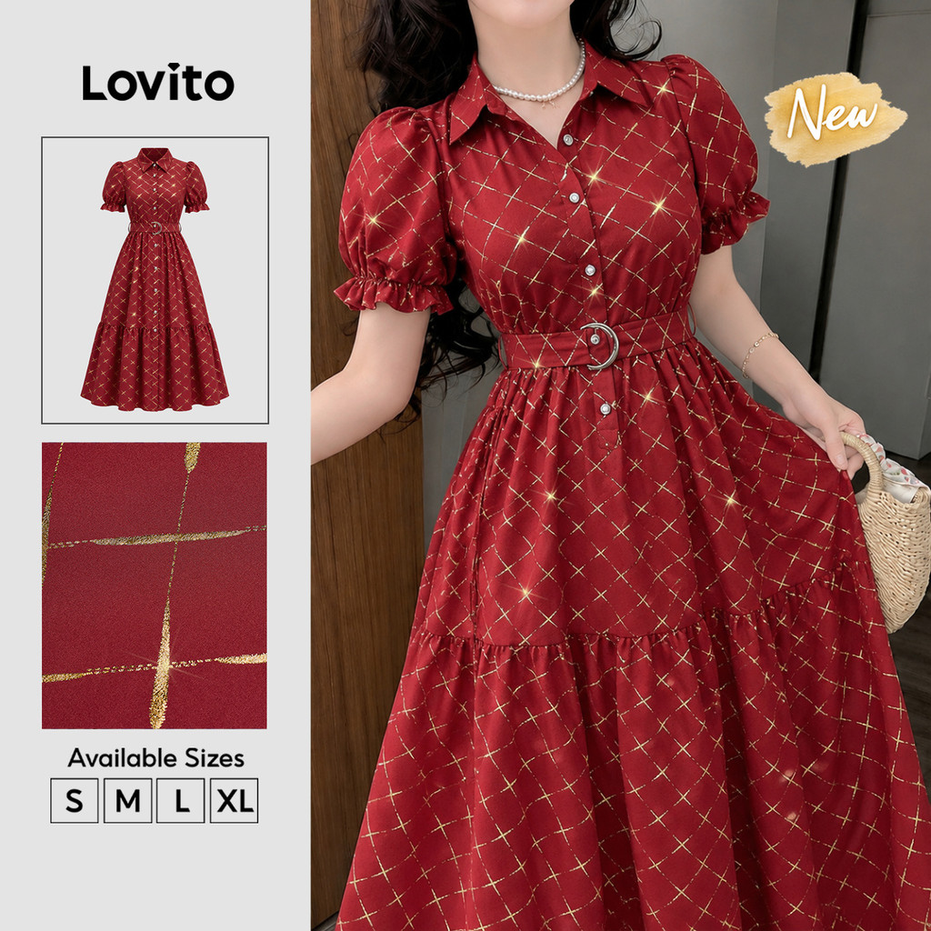 New Arrival) Lovito Vestido Longo Vermelho Elegante Com Botões